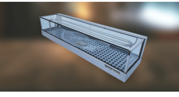 A 3d model of a wide-flat top stainless steel sushi display case